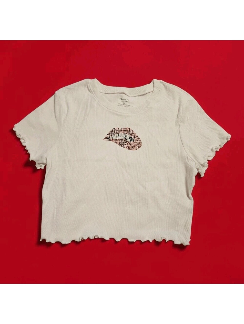 Homegirl Society White Ribbed Crop Top Rhinestone Lips Baby Tee Lettuce Edge XL